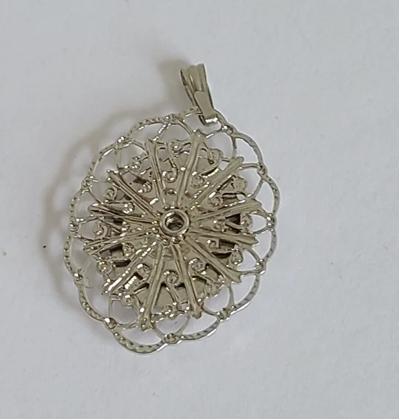 Vintage Silver Filigree Embroidered Rose Flower Petit Point Cross stitch Pendant - Picture 6 of 8